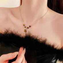 1pc Brown Round Tiger Eye Stone Pendant Necklace, Vintage Versatile Stainless Steel Choker Necklace, Elegant Accessory For Women - Multicolor - View 4