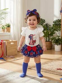 My First 4th Of July Outfit Baby Girl Letter Romper +Star Skirt Shorts Bloomers Set Memorial Day Clothes Summer, My 1st Fourth Of July Baby Girl Outfit, Baby Girl 4th Of July Romper Dress Set, 4th Of July  Baby Girl Outfit 0-3M 3-6M 6-9M 9-12M 12-18M - 白色 - 查看 2
