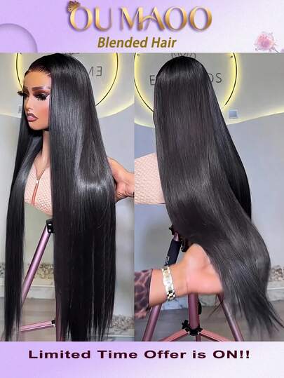200% 超高密度顺滑直发假发 - 13x6 高清透明蕾丝前额真人发混纺，预先拔毛，带有婴儿绒毛和自然发际线，女士无胶前额假发，自然色，超浓密丝滑造型，无需胶水，即戴即用