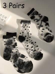 3 Pairs Women's Black Socks, Polka Dot & Butterfly Pattern, Thin Transparent Crystal Socks, Fashionable & Charming, Suitable For Spring/Summer - Black - View 5