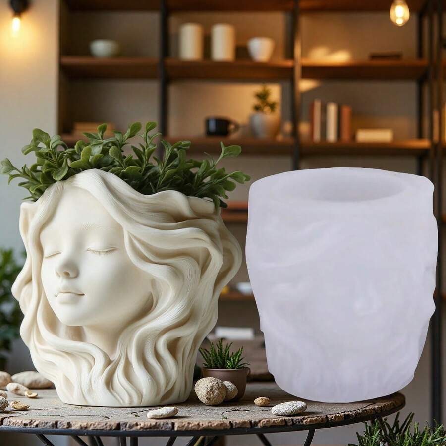 Cubulo 1个女孩头像硅胶模具 - 可重复使用，适用于DIY多肉植物花盆、烛台和树脂工艺品
