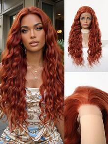 13x4 HD Lace Front Water Wave Wig, 28 Inch Ginger Red Long Curly Style, Machine Made Synthetic Wig Heat Resistant For Cosplay & Music Festival - Burnt Orange - View 1