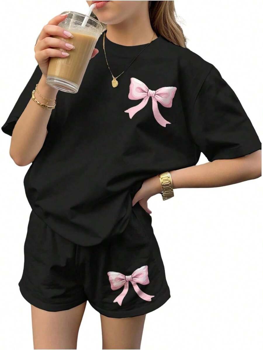 Girls 2 Piece Summer Outfit Cherry Bow Graphic Tee & Shorts Set Cute Casual Outfits - 彩色 - 查看 1