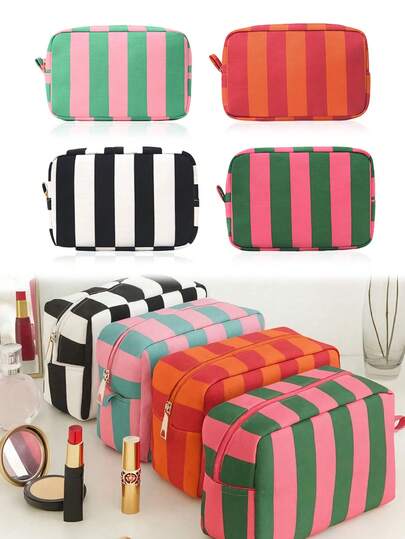 1pStriped Canvas Cosmetic Bag With Top Handle Women's Travel Toiletry Organizer - Minimalist Cosmetic Pouch Suitable For Bathroom Or Luggage Use Cosmetic Bag - Travel Storage - Home Decor