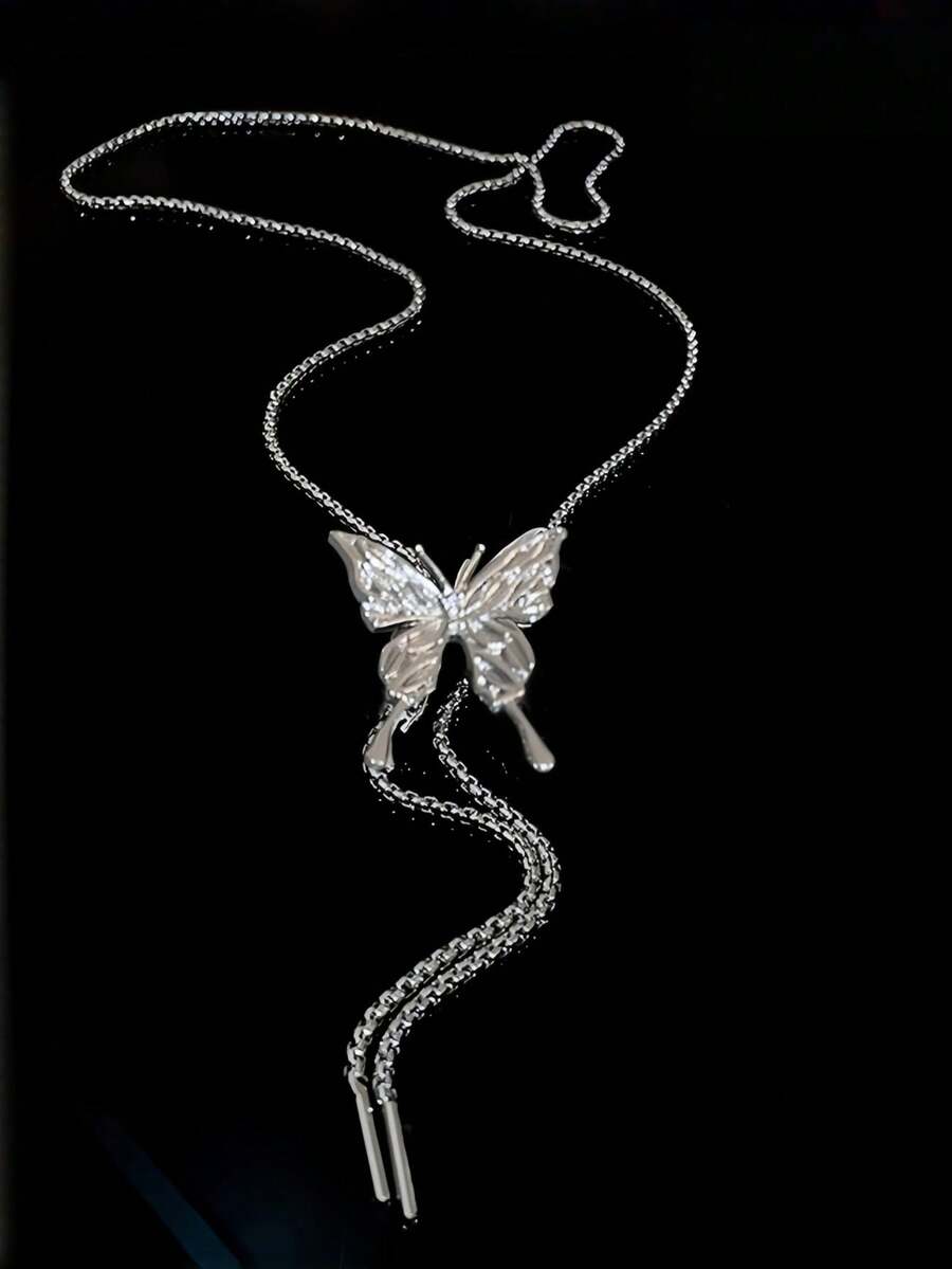 1 pieza Cadena de cintura de mariposa plateada para mujer, cadena de borlas larga para el vientre, convertible en collar, joyería corporal de estilo Y2K ajustable para jeans, vestidos y ocasiones de fiesta - Plateado - Ver 1