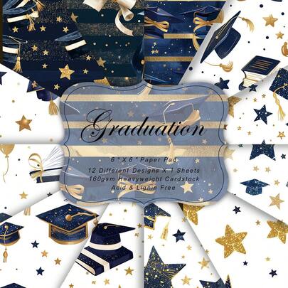 12张蓝色主题毕业剪贴簿纸套装，6*6英寸，包含毕业帽、毕业证书、卷轴、气球、星星图案设计，非常适合用于拼贴画、手工折纸项目、贺卡、剪贴簿、子弹笔记和艺术拼贴画的装饰。
