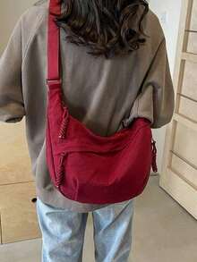 Fashionable Yellow Nylon Waterproof Shoulder Bag With Simple & Casual College Style, Wide Strap, Multiple Zipper Design Suitable For Students, Shopping, Daily Use, Shoulder Bag For School - Màu Khaki - Xem 1