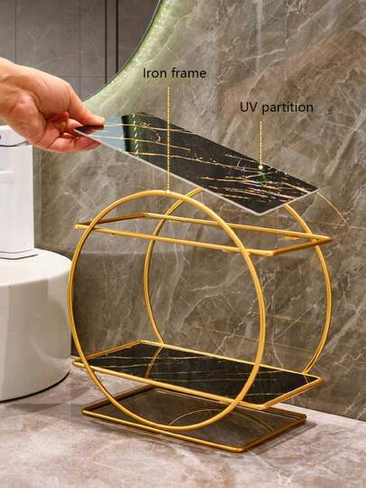 1 Peça Estante de Armazenamento de Cosméticos de Camada Dupla, Material de Metal, Formato Redondo Moderno, Estilo de Luxo e Moda, Metal + Placa UV, Organizador de Maquiagem Independente de 2 Níveis, Suporte de Penteadeira Redondo, Estante de Armazenamento para Bancada do Banheiro, Organizador de Cômoda, Design de Luxo, Adequado para Quarto, Banheiro e Sala de Estar, Pode Armazenar Itens de Banheiro e Quarto, Grande Capacidade.