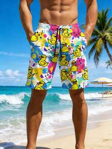 Men's Retro Pop Art Duck Print Beach Shorts - Multicolor - View 4