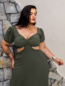 Princess Plus Size Long Dress With Short Sleeves, Party Look, Duna Fabric, Sizes G1 G2 - xanh quân đội - Xem 6