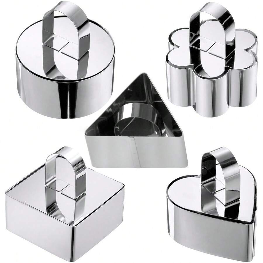 3-Inch Stainless Steel Round, Square, Triangle, Flower, Heart Shaped Cake Cutter Set (Includes 1 Pusher And 1 Mold Ring); Round Pastry Cutter, Pastry Round Ring, Mousse Mold With Pusher Ring Mold, Perforated Mousse Ring, Stainless Steel Cookie Cutter - Silver - View 1