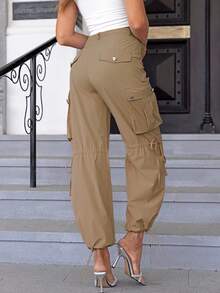 Joyfunear Side Flap Pocket Drawstring Hem Cargo Pants Winter - Khaki - View 4