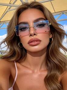 1pc Frameless Square Metal Gradient Fashion Glasses, Fashionable For Outdoor Travel - Blue On Top and Pink On Bottom - View 4