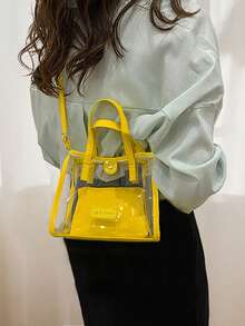 Practical PVC Crossbody Bag For Women Transparent Tote Bag With Top Handle And Built-In Small Purse For Holiday Travel - 黃色 - 查看 2