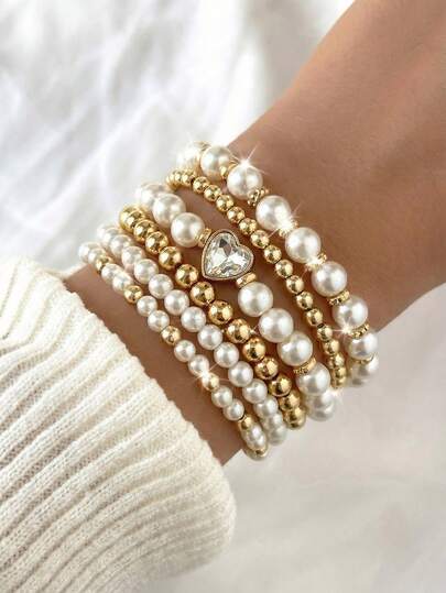 4pcs/Set Girls Pearl Beaded Heart Bracelet Set, Suitable For Daily Decoration