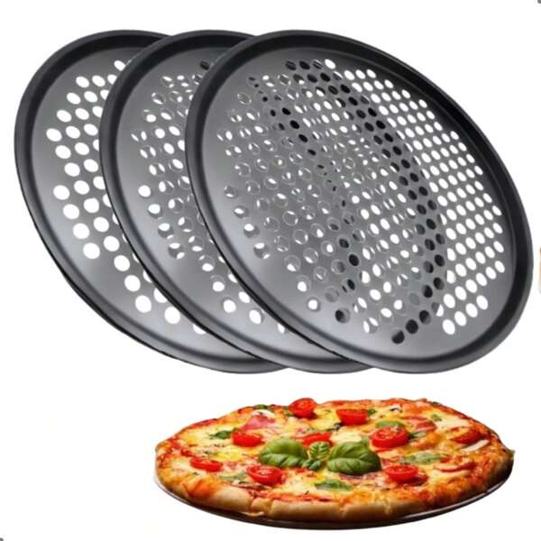 1pc 12-Inch Black Carbon Steel Pizza Pan, Non-Stick Pizza Baking Tray, Suitable For Pizza, Cake, Bread, Roast And More, Perforated Round Baking Tray, Oven Tray, Pizza Tray, Pizza Mold, Baking Set, Pizza Pan, Oven Accessory