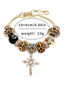 1pc Gold Leopard Print Beaded Adjustable Cross Pendant Bracelet - Bracelet - View 2