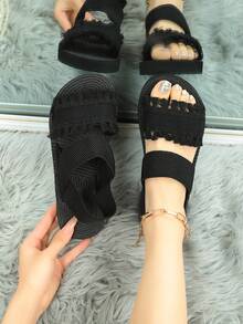 Women's Fashion Rhinestone Embellished Flat Casual Slippers, Suitable For Beach, Travel, Daily Wear, Summer - Black - View 1