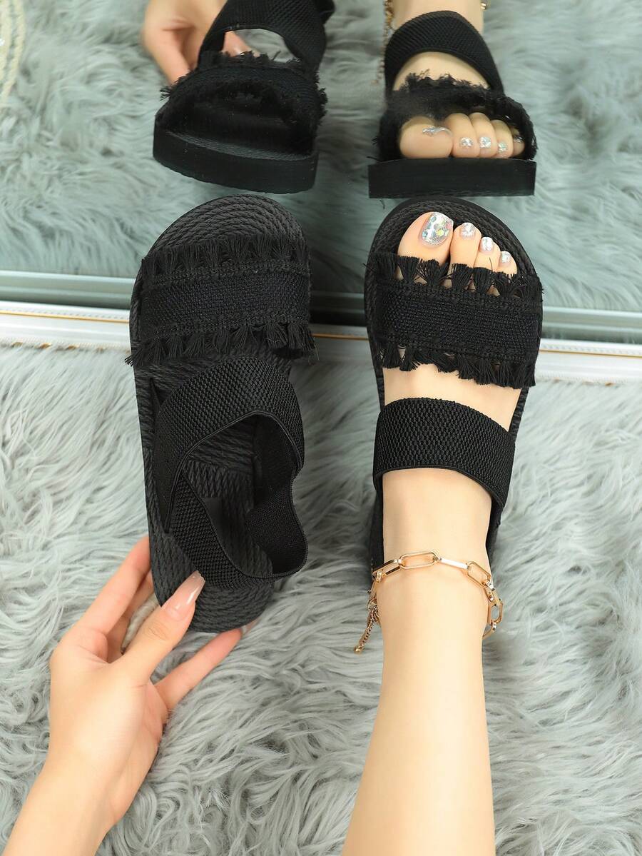 Women's Fashion Rhinestone Embellished Flat Casual Slippers, Suitable For Beach, Travel, Daily Wear, Summer - Black - View 1