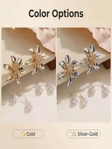 2只装时尚金属3D花朵耳环，配仿巴洛克珍珠吊坠，适合女性日常佩戴和节日礼物 - 立體花 - 查看 1