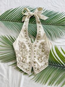 Winter And Summer Apricot Base Black Floral Embroidered Halter Backless Bowknot Cropped Top, Suitable Music Festivals Embroidered Top Western Top Halter Top Bandana Top Boho Top New Year Clothes Party Women Beach Elegant Tops Women Formal Floral Dress - 淺褐色的 - 查看 7