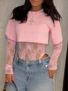 Women's Sexy Sheer Lace Short Sleeve Crop Top, Solid Color Lace Patchwork See-Through Sexy Bodysuit For Daily Wear, Dating, Single Party, Stage Performance, Spring/Summer Pink - Pink - View 5