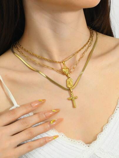 Set de 3 collares de mujer con colgantes de acero inoxidable, incluye dijes de cruz, corazón y cuadrado, adecuado para verano, vacaciones, citas, compromisos y regalos