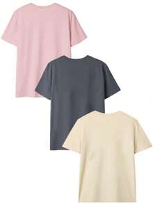 3件套女士新款休闲可爱图案宽松百搭圆领短袖T恤，时尚日常及假日穿着 - 彩色 - 查看 8