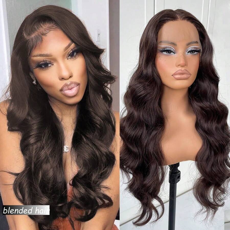 10-36Inch Body Wave Lace Front Wigs Human Blended Hair 13x4 Body Wave Human Blended Hair Wig Pre Plucked Glueless 180 Density Brazilian Virgin Body Wave Full Frontal Lace Wigs Human Blended Hair Brown - Brown - View 1