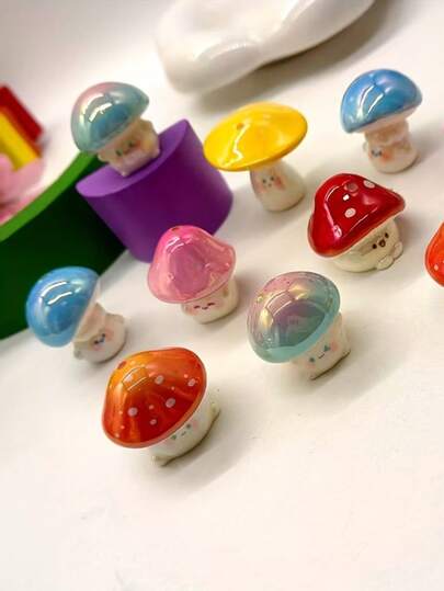 3/5/10pcs Of Bright-Colored Expressive Little Mushroom Through-Hole Resin Three-Dimensional Decorative Beads, String Beads Pen, Mobile Phone Chain, DIY Handmade Pendant, Christmas Gift Decoration Loose Beads