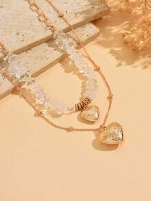 2pcs/Set Minimalist Versatile High-Quality Stone Beaded Chain Double-Layer Heart Pendant Necklace, Retro Fashionable Choker Necklace Suitable For Daily Wear, Parties, Dates, Also Suitable As Mother's Day Gift. The Size, Shape And Quantity Of Stones Are Random. - Multicolor - View 3
