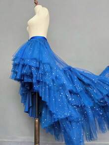 1件装女士不对称网纱黑色半身裙，前短后长，新款蕾丝薄纱高腰百搭T台款，复活节 - 彩色 - 查看 6