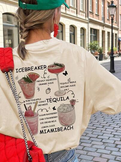 Camiseta de manga corta de estilo americano con estampado de cóctel de la playa de Miami, transpirable y cómoda, de corte holgado, multifuncional para vacaciones de verano, fiestas en la piscina, reuniones informales con amigas