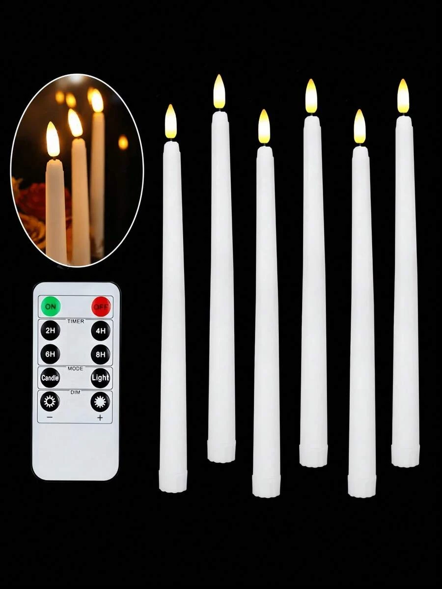 Bộ 6 nến điện tử không lửa kèm điều khiển từ xa/hẹn giờ, nến LED chạy bằng pin, nến màu trắng ngà, nến thon dài, nến nhấp nháy ước nguyện, thích hợp cho chân nến, đám cưới, tiệc tùng, bàn ăn, Giáng sinh, Halloween, Ngày lễ tình nhân, Ngày của Mẹ, trang trí trung tâm bàn tiệc ngày lễ.