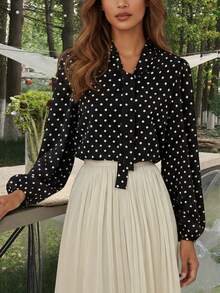 YUXIN 女士春夏波点长袖衬衫，丝滑系领宽松透气，适合多种场合穿着，如办公室、休闲度假派对等，黑色款。 - 黑色 - 查看 2