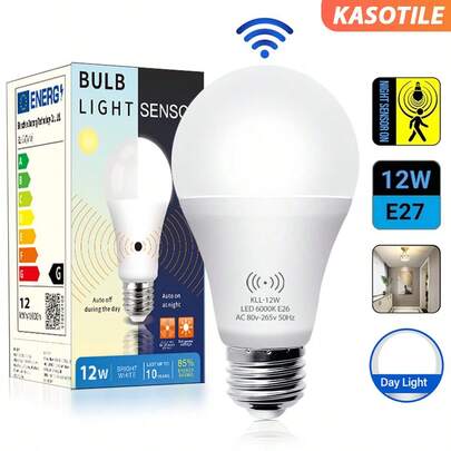 12W E26 LED Motion Sensor Light Bulb, 3000K/6000K Dual Color Temperature, Radar Sensor Auto On/Off, AC80-265V, Super Bright Lighting, Suitable For Corridor, Stairway, Garage And More