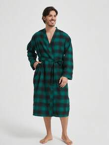 1pc Lightweight Plaid Bathrobe, Minimalist Elegant Style For Men, Suitable For Early Spring & Summer - Green Plaid - View 2