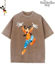 Disney Authorized Printed Washed T-Shirt, Goofy Retro Washed Printed T-Shirt, Family Vacation Travel T-Shirt. The New T-Shirt For 2026 Is Suitable For Both Men And Women, Made Of High-Quality Pure Cotton Fabric And Suitable For Wearing All Seasons. It Is Comfortable And Breathable, With Exquisite Design, Making It A Great Gift - 卡其色 - 查看 2