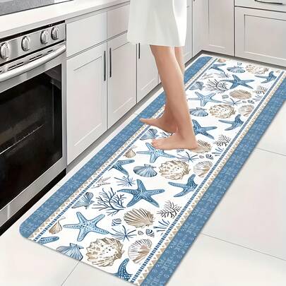 1 Stück Frühlings- und Sommerküchenbodenvorleger mit blauen Muscheln und Seesternen, lange weiche Flanell-Rutschfeste waschbare Matte für Waschküche, Eingang, Badezimmer, Innenbereich, Hausdekor Geschenk, Badezimmerteppich, Flurläufer, Küstenstil, maritimes Thema, maschinenwaschbar strapazierfähiges Polyester, Eingangsteppich, Dekorliebhaber, Geschenkshops