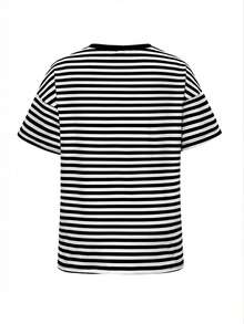 Vaiaye 女士宽松圆领休闲T恤，条纹撞色修身短袖T恤，适合春夏穿着，情人节理想之选 - 黑白條紋 - 查看 4