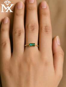 SYMFNY 1枚简约925纯银祖母绿长方形立方氧化锆可调节开口戒指，奢华小众设计女士戒指，百搭日常佩戴优雅饰品，送给女友、闺蜜的贴心礼物，生日、周年纪念日、情人节皆宜 - 開口戒指 - 查看 3