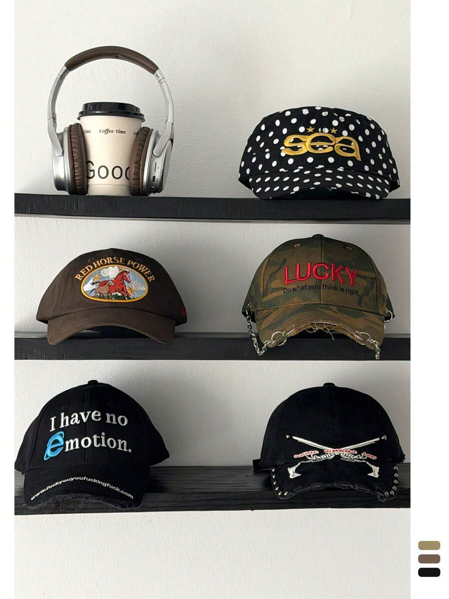 Mũ lưỡi trai kiểu Mỹ cổ điển thêu chữ, họa tiết rằn ri, vành mũ rách, mũ lưỡi trai phong cách punk đường phố unisex với dây xích thêu hình súng và xương, đinh tán, chất liệu denim đen bạc màu, vành cong. - Nhiều màu - Xem 1