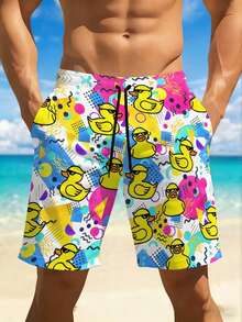 Men's Retro Pop Art Duck Print Beach Shorts - Multicolor - View 1