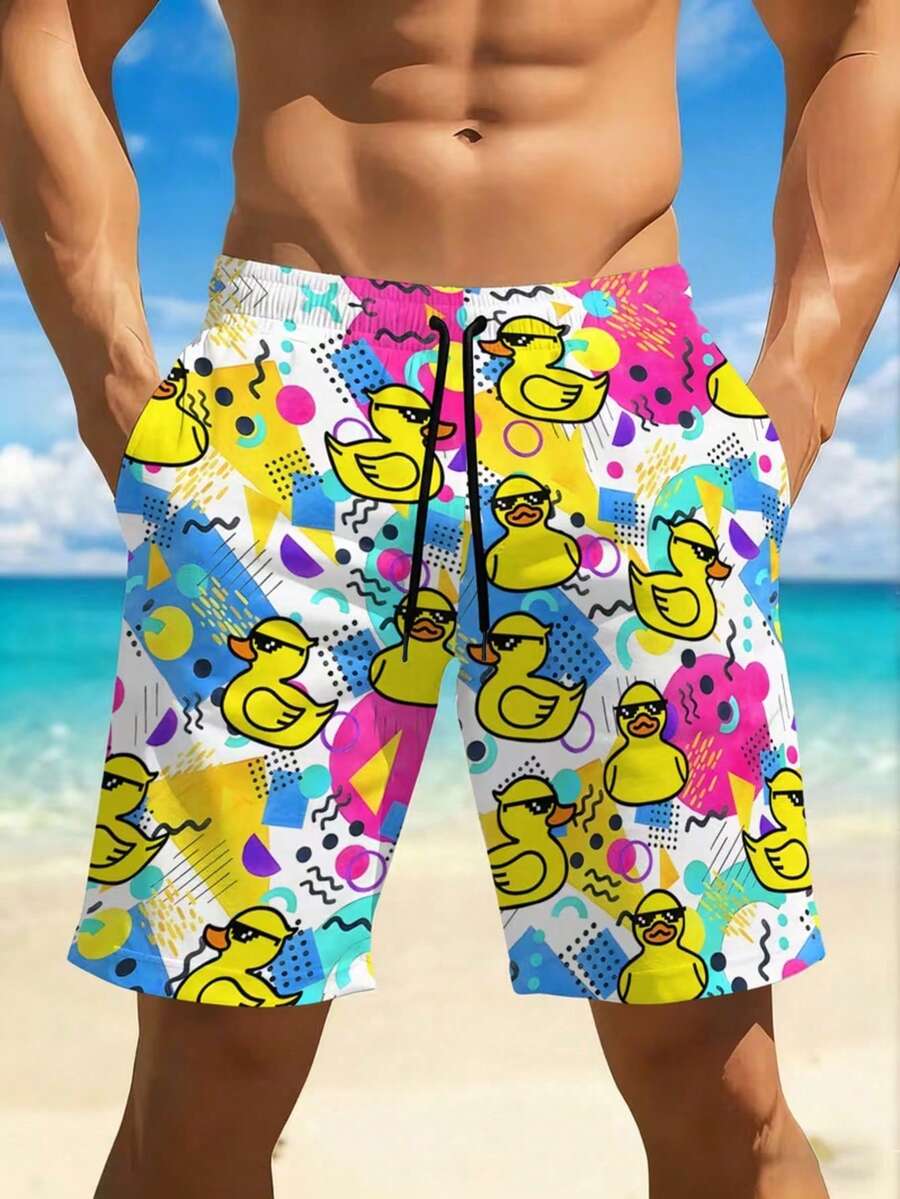 Men's Retro Pop Art Duck Print Beach Shorts - Multicolor - View 1