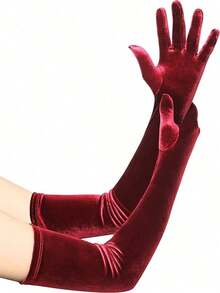 1 Pair Burgundy Velvet Formal Evening Gloves For Women, Suitable For Ceremonial Dress, Warm And Decorative Halloweenburgundy Wedding - 酒紅色 - 查看 4