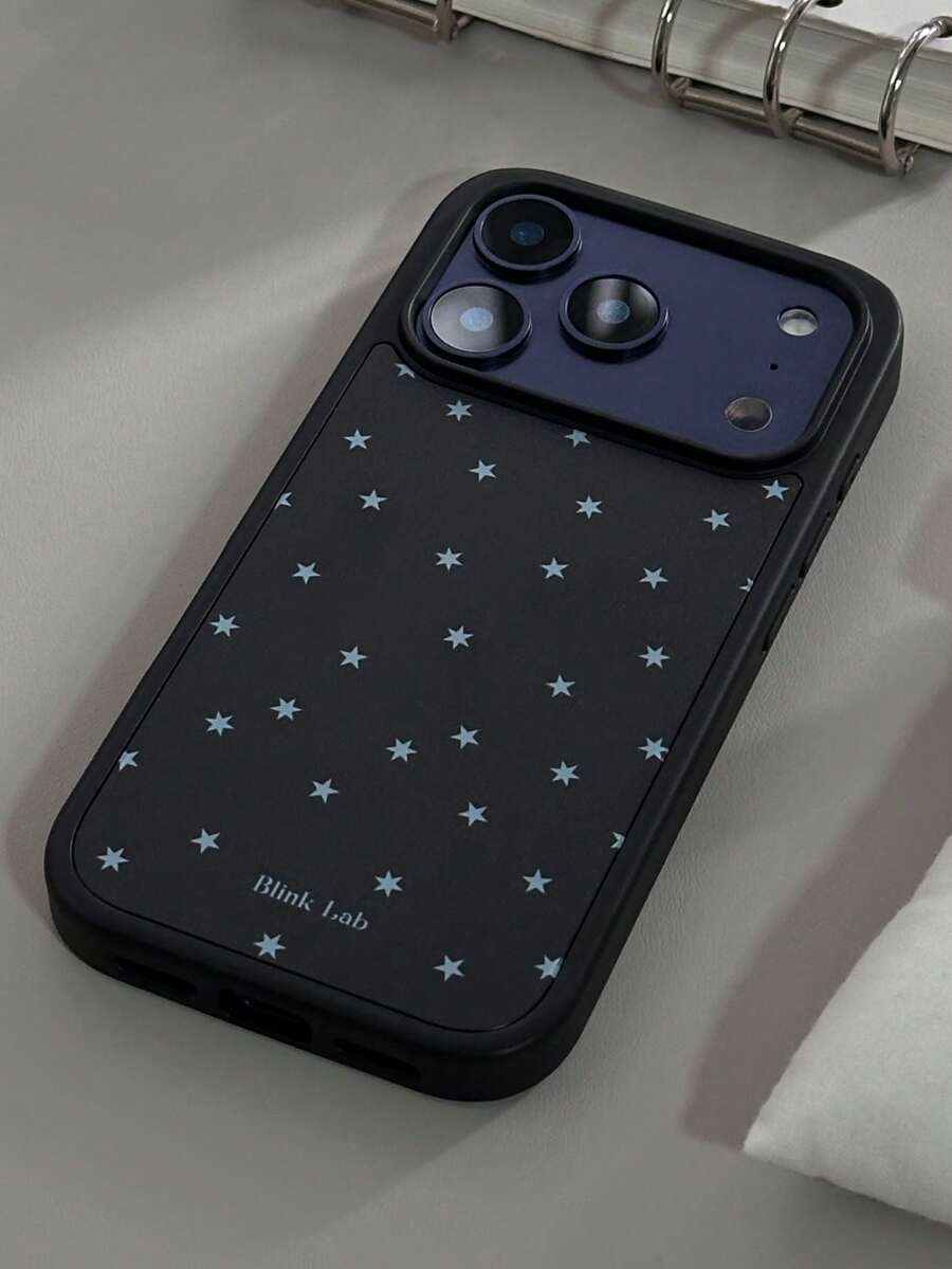 1个雪星磨砂黑星ins风黑色边框磨砂手机壳，适用于 17 Pro Max 16 15 Pro Max 14 13 12 11 Plus - 黑底藍星星 - 查看 1