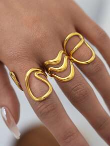 Frminee 3pcs/1pc Minimalist 18K Gold-Plated Stainless Steel Ring Set, Waterproof And Stylish Rings, Stackable Statement Jewelry, Western Jewelry, Suitable For Everyday Wear, And A Holiday Gift. - Multicolor - View 2