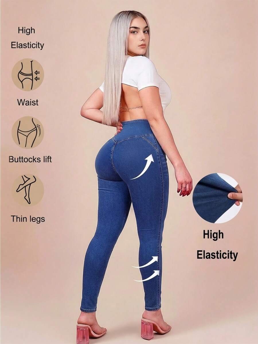 高腰浅蓝色紧身牛仔裤，凸显曲线的铅笔裤，适合春夏度假和外出穿着，女士牛仔裤 - 藍色 - 查看 1