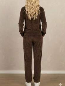 Velvet Plush Set/Women's Zipper/Hood - Coffee Brown - View 2