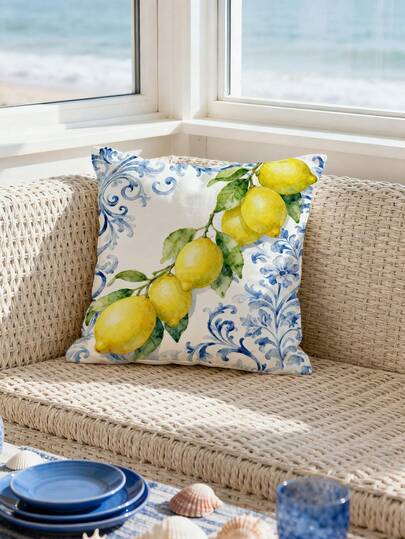1pc Lemon Printed Cushion Cover, Suitable For Sofa And Living Room Decor, Stylish And Comfortable. Single-Sided Printed Design, Pillow Insert Not Included.
